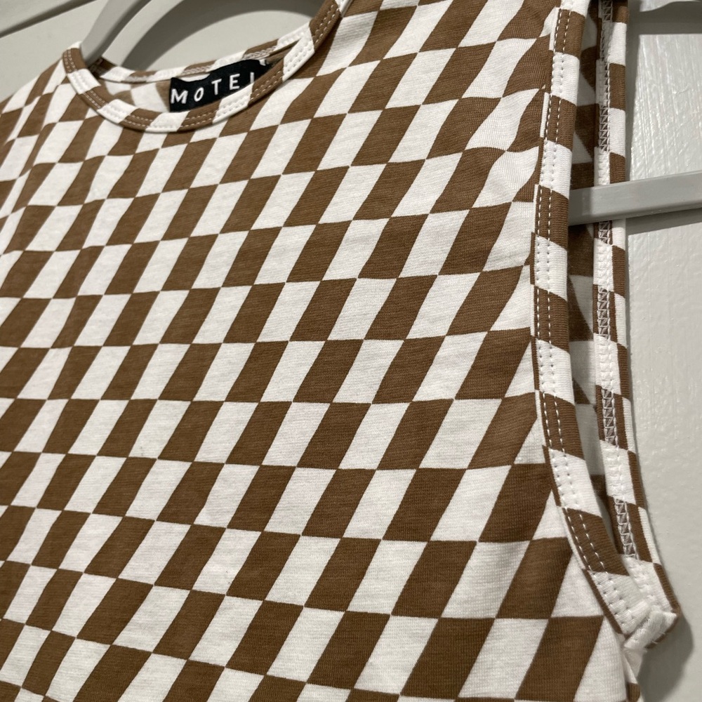 MOTEL Rocks Gimon Brown & White Checkered Crop Tank Top - S - Picture 3 of 11